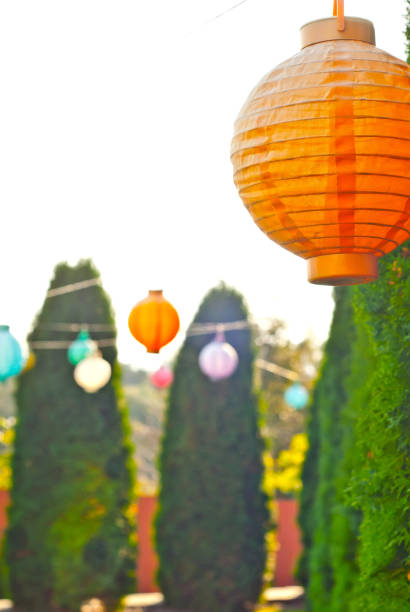 istock Paper lanterns hang on a string. Many lanterns on a background of green thuja. 1279514332