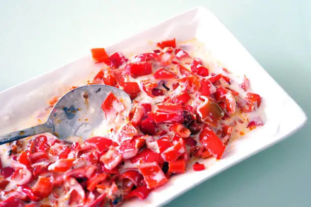 fried red pepper with yoghurt, red pepper appetizer with yoghurt,
