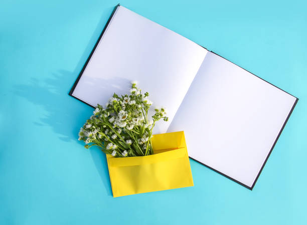 istock Yellow paper envelope with small garden white chamomile flowers and empty notepad on light blue background. Festive floral template. Greeting card design. Top view. 1279516507