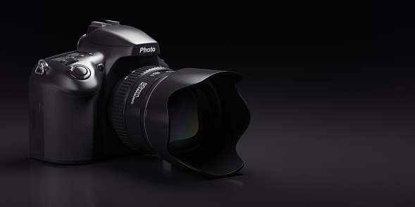Professional digital photo camera on black background.  3d illustration