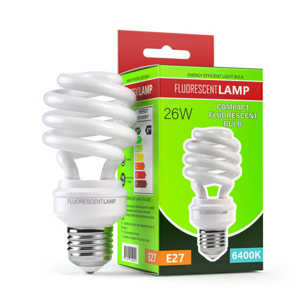 istock Spiral fluorescent lamp, energy saving light bulb with green box isolated on white. 1279520369
