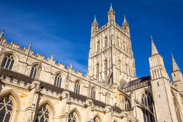 A view of the historic Gloucester Cathedral in the city of Gloucester, UK.