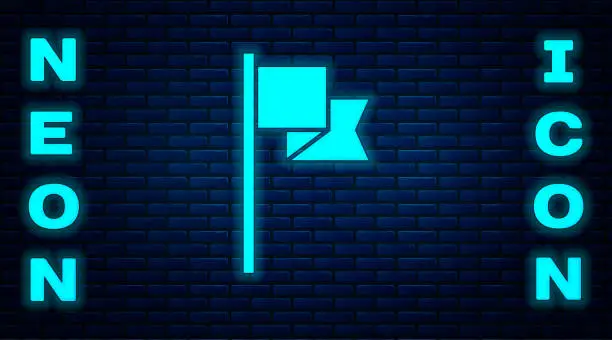 Vector illustration of Glowing neon Flag icon isolated on brick wall background. Location marker symbol. Vector