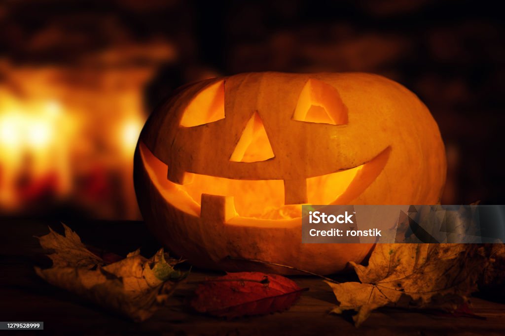 halloween pumpkin - spooky glowing jack-o-lantern at night Jack O' Lantern Stock Photo