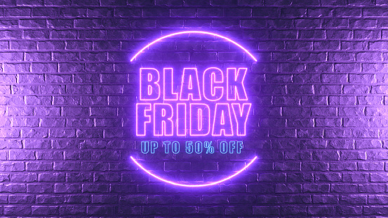3D Rendering Brick Wall with Super Sale Black Friday Sign, Neon lighting. Up to 50% Off
