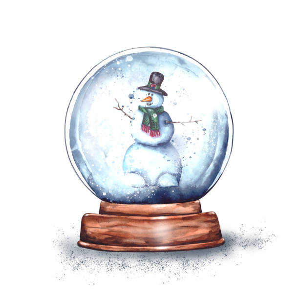 illustrations, cliparts, dessins animés et icônes de illustration d’aquarelle.magic globe de neige de verre de noël sur un stand en bois avec un petit bonhomme de neige drôle à l’intérieur. surprise du nouvel an, cadeau du père noël, souvenir de neige.isolé sur un fond blanc - snow globe dome glass transparent