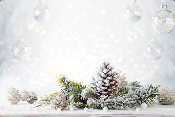 bodegón navideño con conos de pino nevado, baubles y ramas de abeto sobre fondo claro. - land craft fotografías e imágenes de stock