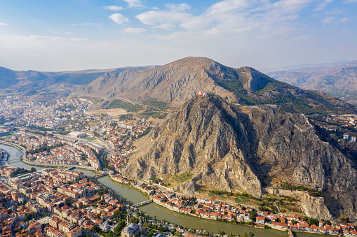 Aerial view of Amasya city and Yesilirmak river in Turkey.