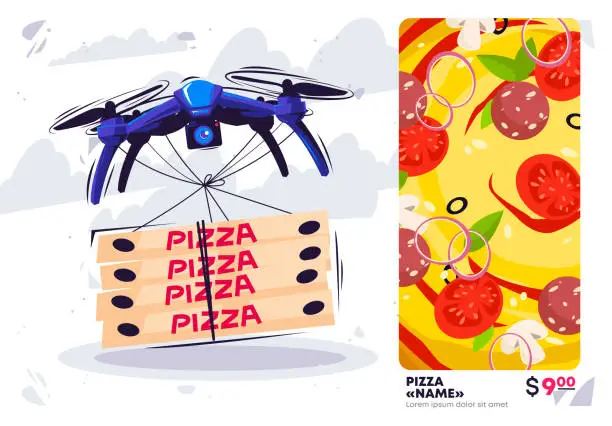 Vector illustration of Vector illustration of a pizza delivery service using a flying drone with propellers, a detailed description of the pizza with the image and price