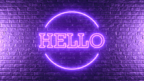 3D Rendering Brick Wall with Hello Sign, Neon lighting.