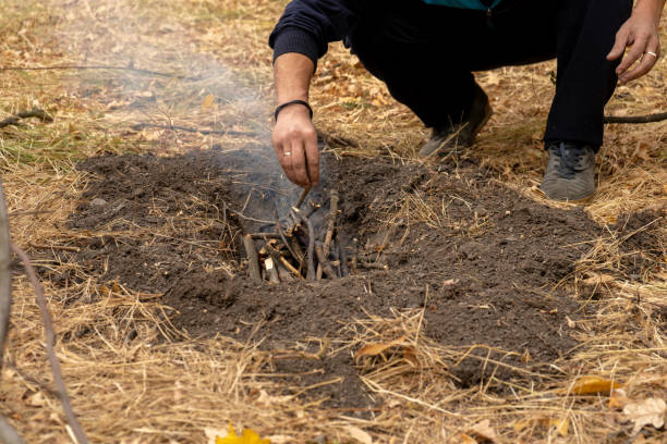 木の棒を火に入れる男。森の中の焚き火。自然の中のキャンプファイヤー - branch plant part ストックフォトと画像