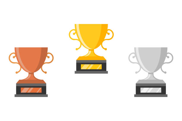 ilustrações de stock, clip art, desenhos animados e ícones de set of gold trophy cup in flat style. winner price. golden bowls. - trophy soccer sport success