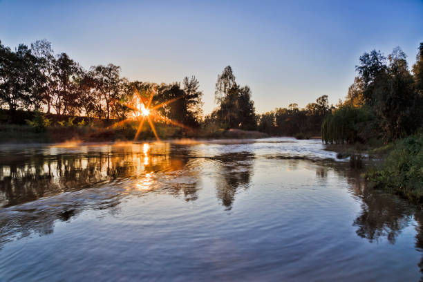 The star of rising sun through trees around Macqarie river in Dubbo town of Australia.