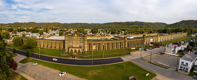 Moundsville, WV - 9 October 2020: Aerial panorama of the West Virginia State Penitentiary in Moundsville, WV