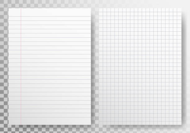 ilustrações de stock, clip art, desenhos animados e ícones de paper lines template on transparent backdrop. realistic sheet blank. paper set with shadow. note book page. checkered white sheet. lined paper mockup. vector illustration - lined paper