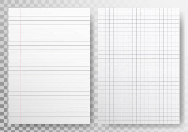 Paper lines template on transparent backdrop. Realistic sheet blank. Paper set with shadow. Note book page. Checkered white sheet. Lined paper mockup. Vector illustration Paper lines template on transparent backdrop. Realistic sheet blank. Paper set with shadow. Note book page. Checkered white sheet. Lined paper mockup. Vector illustration. ruled paper stock illustrations