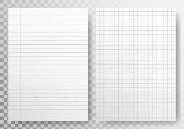 Vector illustration of Paper lines template on transparent backdrop. Realistic sheet blank. Paper set with shadow. Note book page. Checkered white sheet. Lined paper mockup. Vector illustration