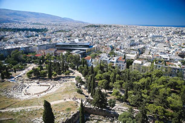 vista dello skyline di atene in una giornata limpida dal cielo dall'acropoli - clear sky acropolis athens greece greece foto e immagini stock