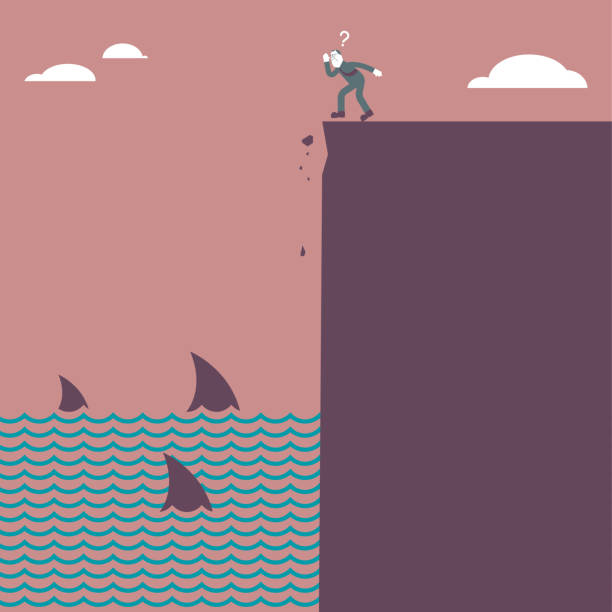 A man stands on the edge of a cliff by the sea, and there are schools of sharks in the sea. A man stands on the edge of a cliff by the sea, and there are schools of sharks in the sea. The background is brown. tiger shark stock illustrations