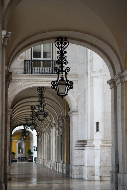 View of vintage street light alignment  in the commerce square corridor in Lisbon
