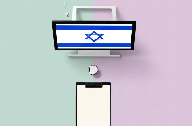 istock Israel national flag on computer screen top view, cupcake and empty note paper for planning. Minimal concept with turquoise and purple background. 1279564685