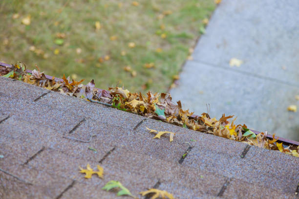 istock Dirty roof with gutter with leaves requiring cleaning 1279574102