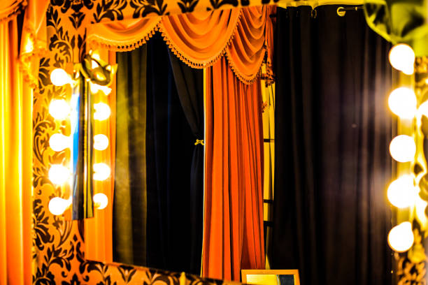 Vanity mirror in a dressing room Film or theatre dressing room with a vanity mirror with lights and curtains. theatre mirror stock pictures, royalty-free photos & images