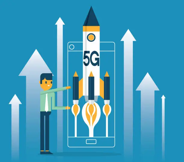 Vector illustration of 5G - Smartphone with rocket