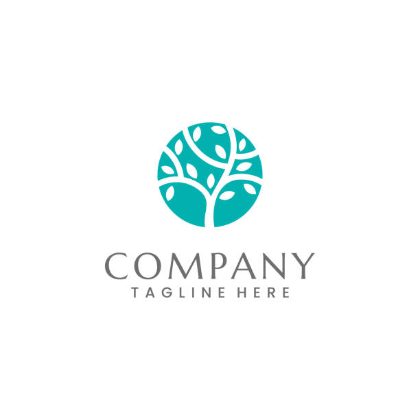 Organic Tree Logo Negative space logo of a tree in a aqua colored circle. Character: calm, relaxed, modern, timeless, organic and natural. Suitable for organic food, make up, environmental, nature conservation, etc tree symbols stock illustrations
