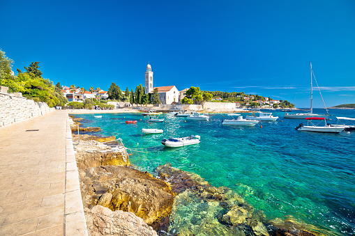 Hvar island franciscian monastery and emerald sea view, Dalmatia region of Croatia