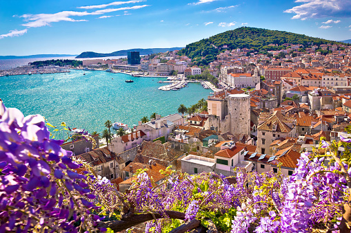 Split waterfront and Marjan hill colorful flower aerial view, Dalmatia region of  Croatia