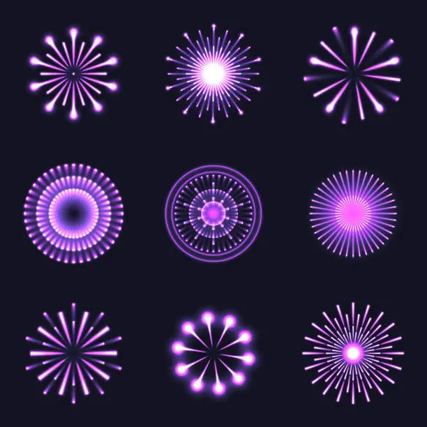 Vector illustration of Set vector of fireworks purple color. Collections of firecrackers on black background. Design elements for decor Festival, New year, Celebration. Vector illustration.