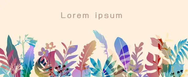 Vector illustration of Vector colorful gradient botanic horizontal background with space for text. Tropical branch template for websites, event invitations, greeting cards, banners, design with flat style.