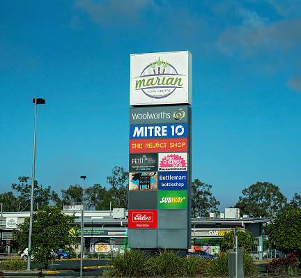 Mackay, Queensland, Australia - September 2020: Signage at the entrance to a shopping center
