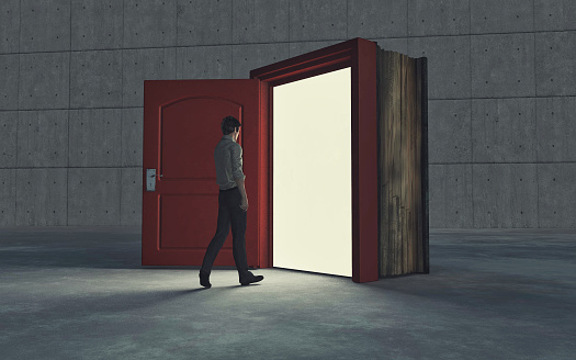 Businessman entering a door in a book . New opportunity concept . This is a 3d render illustration .