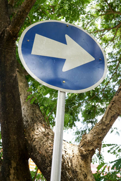 istock Blue turn right road sign with white arrow 1279586015
