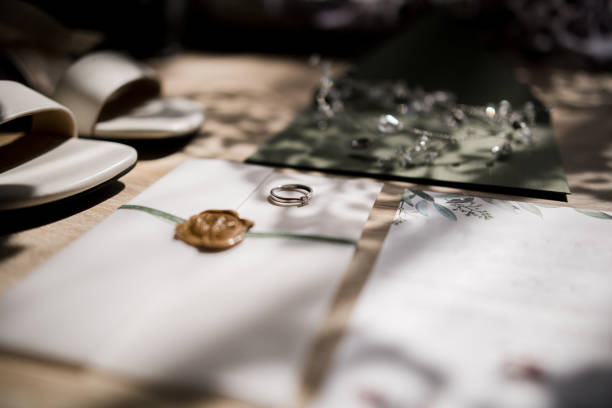 istock wedding rings on invitation cards for wedding 1279589057