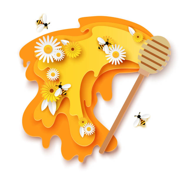 illustrazioni stock, clip art, cartoni animati e icone di tendenza di miele attraverso il taglio della carta, tffoffo di legno, api carine che volano su fiori in fiore. illustrazione vettoriale in stile carta d'arte. - honey dipper