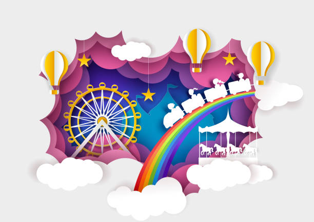 Paper Cut Ferris Wheel Carousel Kids Train Hot Air Balloons Vector  Illustration In Paper Art Style Stock Illustration - Download Image Now -  iStock