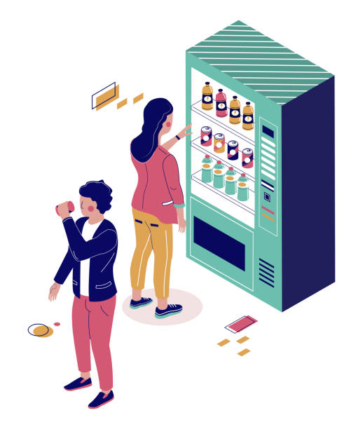 음료수, 콜라, 음료 자판기에서 물을 구입 하는 사람들, 플랫 벡터 등대 그림. 음료 자판기 - vending machine machine selling soda stock illustrations