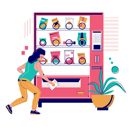 Woman buying snack from vending machine, flat vector illustration. Snack food automatic machine with chocolate bars, nuts, chips, candies, etc.