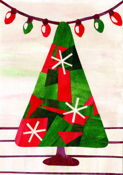 illustrations, cliparts, dessins animés et icônes de arbre de noël décoré avec des flocons de neige, guirlande. vert vif, rouge et blanc. x-mas collage festif. bon pour la carte de voeux exclusive, affiche murale, belle petite chose qui complète votre cadeau. - christmas quilt craft patchwork