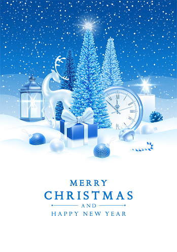 Merry Christmas and Happy New Year. Festive design with fluffy artificial Christmas trees, deer figurine, gifts and decorations in the snow on winter background in blue colours. Vector illustration.