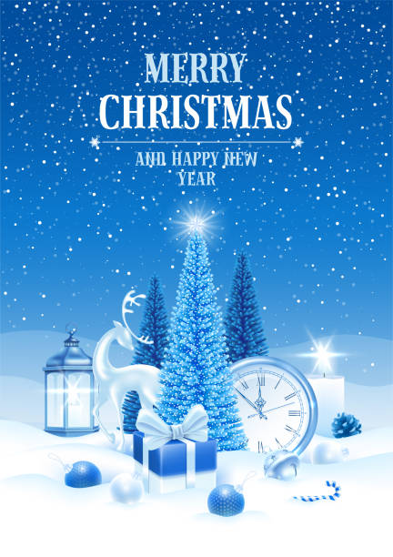 frohe weihnachten und frohe neujahrs-grußkarte - christmas christmas tree snowing blue stock-grafiken, -clipart, -cartoons und -symbole