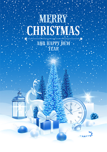 Merry Christmas and Happy New Year. Festive design with fluffy artificial Christmas trees, deer figurine, gifts and decorations in the snow on winter background in blue colours. Vector illustration.
