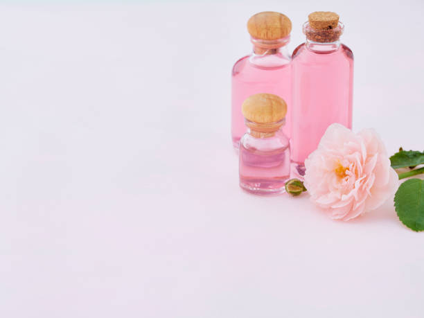 istock Aromatherapy oil bottles with rose on pink background 1279591583