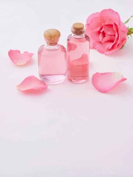 istock Aromatherapy oil bottles with rose on pink background 1279591605