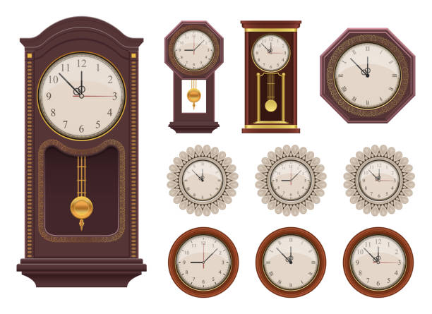 ilustraciones, imágenes clip art, dibujos animados e iconos de stock de ilustración de diseño vectorial de reloj de pared vintage aislada sobre fondo blanco - reloj antiguo