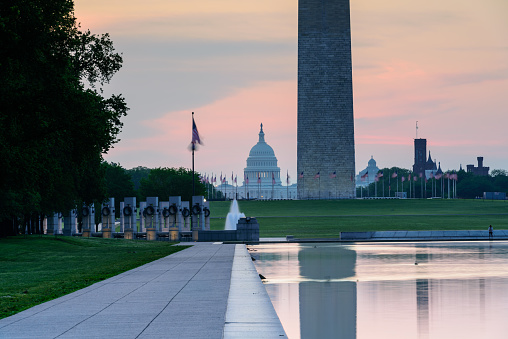 View of Capitol Building and Washington Monument from Reflecting Pool, Washington DC, USA