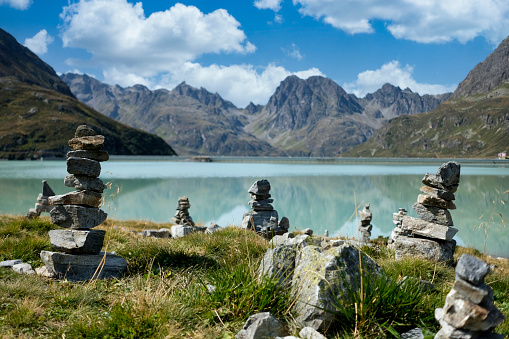 Pebbles stacked on rocky landscape at Altai